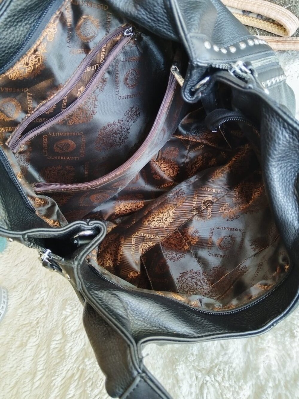 Black Pebble Leather Studded Hobo Bag Shoulder Tote Zipper Accents Edgy Rocker - Picture 10 of 12